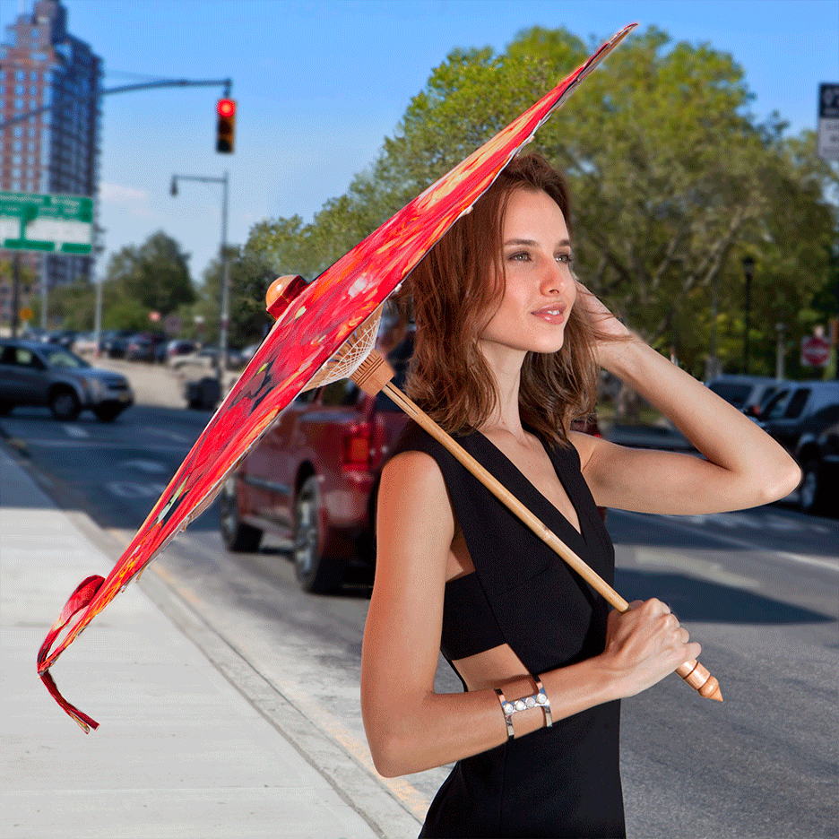 Woman standing with Lily Lark Coral Roses Handcrafted UV sun Parasol