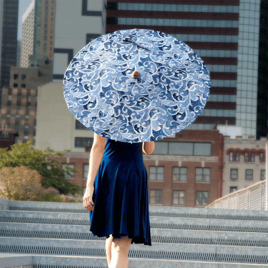 Model with Lily Lark Denim Vine Handcrafted UV Sun Parasol